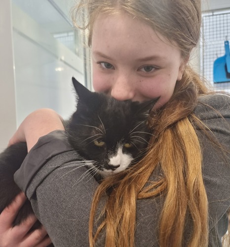 girl with long blonde hair holding black-and-white cat