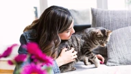 cat cuddling with woman on grey sofa