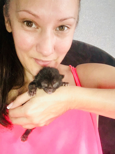 Frankie Seaman holding newborn black kitten