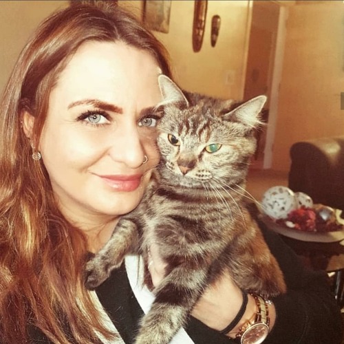 long-haired brunette woman holding silver tabby cat