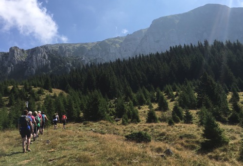 Line of walkers walking across grassy field towards mountains