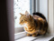 Brown tabby cat sat next to window with frosted glass
